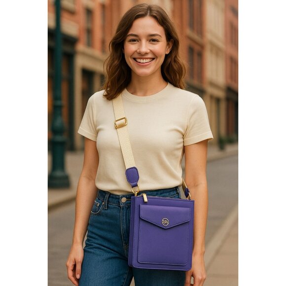 JOY Purple Leather Crossbody Bag with Adj Cream Strap NWOT 9"x7" Minimalist - Picture 2 of 8